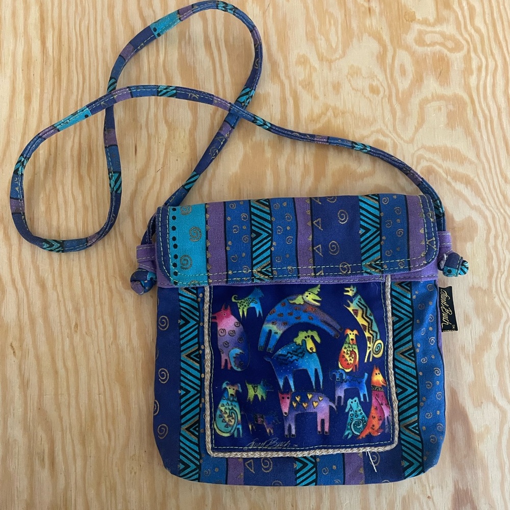 Laurel Burch Small crossbody purse purple blue dogs